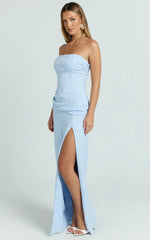 Berri Maxi Dress - Strapless Jacquard High Split Dress in Blue