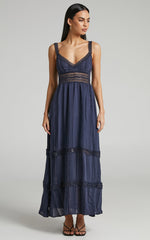 Angelique Maxi Dress - Lace Trim Dress in Navy