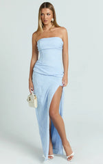 Berri Maxi Dress - Strapless Jacquard High Split Dress in Blue