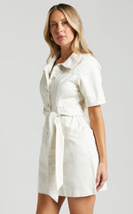 Aelicia Mini Dress - Button Through Denim Dress in Ecru