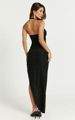 Albany Maxi Dress - Halter Ruched Asymmetrical Dress in Black