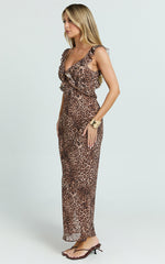 Alessa Midi Dress - V Neck Frill Detail Empire Waist Back Cut Out Dress in Tonal Leopard