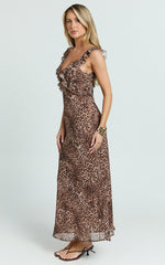 Alessa Midi Dress - V Neck Frill Detail Empire Waist Back Cut Out Dress in Tonal Leopard