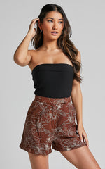 Alofi Shorts - High Waisted Tailored Soft Shorts in Brown Floral