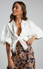 Amalie The Label - Janae Linen Blend Collared Puff Sleeve Button Up Shirt in White