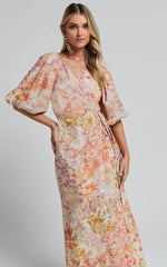 Amalie The Label - Santana Linen Blend Puff Sleeve Wrap Midi Dress in Morocco Print