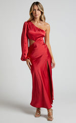 Arichie Midi Dress - Cut Out One Shoulder Balloon Sleeve Dress in Cherry Red