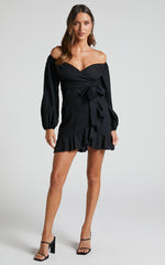 Cant Move On Off Shoulder Mini Linen Blend Dress in Black Linen Look