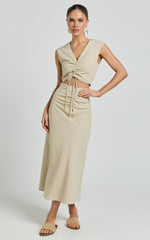 Devan Two Piece Set - Ruched Crop Top and A Line Midi Skirt Set in Sand