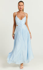 Edlyn Midi Dress - V Neck Side Cut Out Dress in Blue