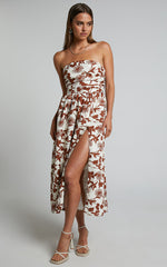 Evita Midi Dress - Ruched High Split Strapless Dress in Multi