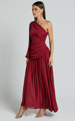 Grittah Maxi Dress - One Shoulder Bishop Sleeve High Split Ruched Dress in Wine
