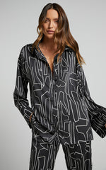 Janissa Shirt - Long Sleeve Satin Shirt in Black and White Linear