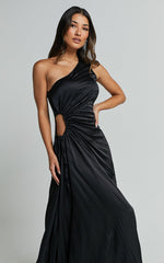 Kitsune Maxi Dress - One Shoulder Cut Out Dress in Black
