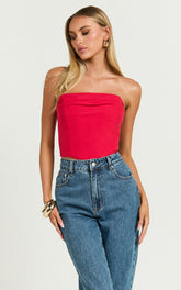 Marcelle Top - Strapless Cowl Corset Satin Top in Red