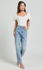 Pixie Top - Sweetheart Puff Sleeve Embroidery Top in White