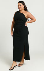 Rae Midi Dress - Ribbed One Shoulder Ruched Dress in Black