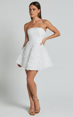 Violeta Mini Dress - Strapless 3d Floral Dress in White