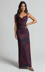 Yasmina Midi Dress - Strappy Cowl Neck Slip Dress in Midnight Bloom