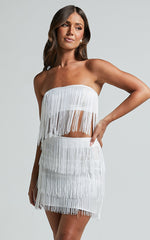 Siofra Two Piece Set - Fringe Crop Top and Mini Skirt Set in White