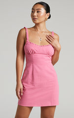 Jacqueline Mini Dress - Ruched Bust Frill Detail A Line Dress in Pink