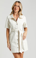 Aelicia Mini Dress - Button Through Denim Dress in Ecru