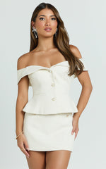 Aleena Top - Boucle Off Shoulder Button Detail Top in Cream
