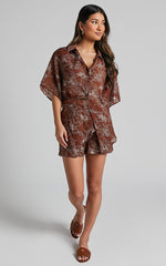 Alofi Shorts - High Waisted Tailored Soft Shorts in Brown Floral