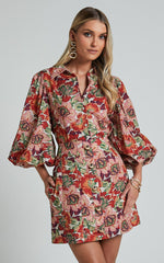Amalie The Label - Cosette Linen Blend High Waisted Button Through A Line Skirt in Musee Print