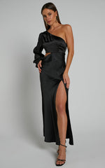 Arichie Midi Dress - Cut Out One Shoulder Balloon Sleeve Dress in Black