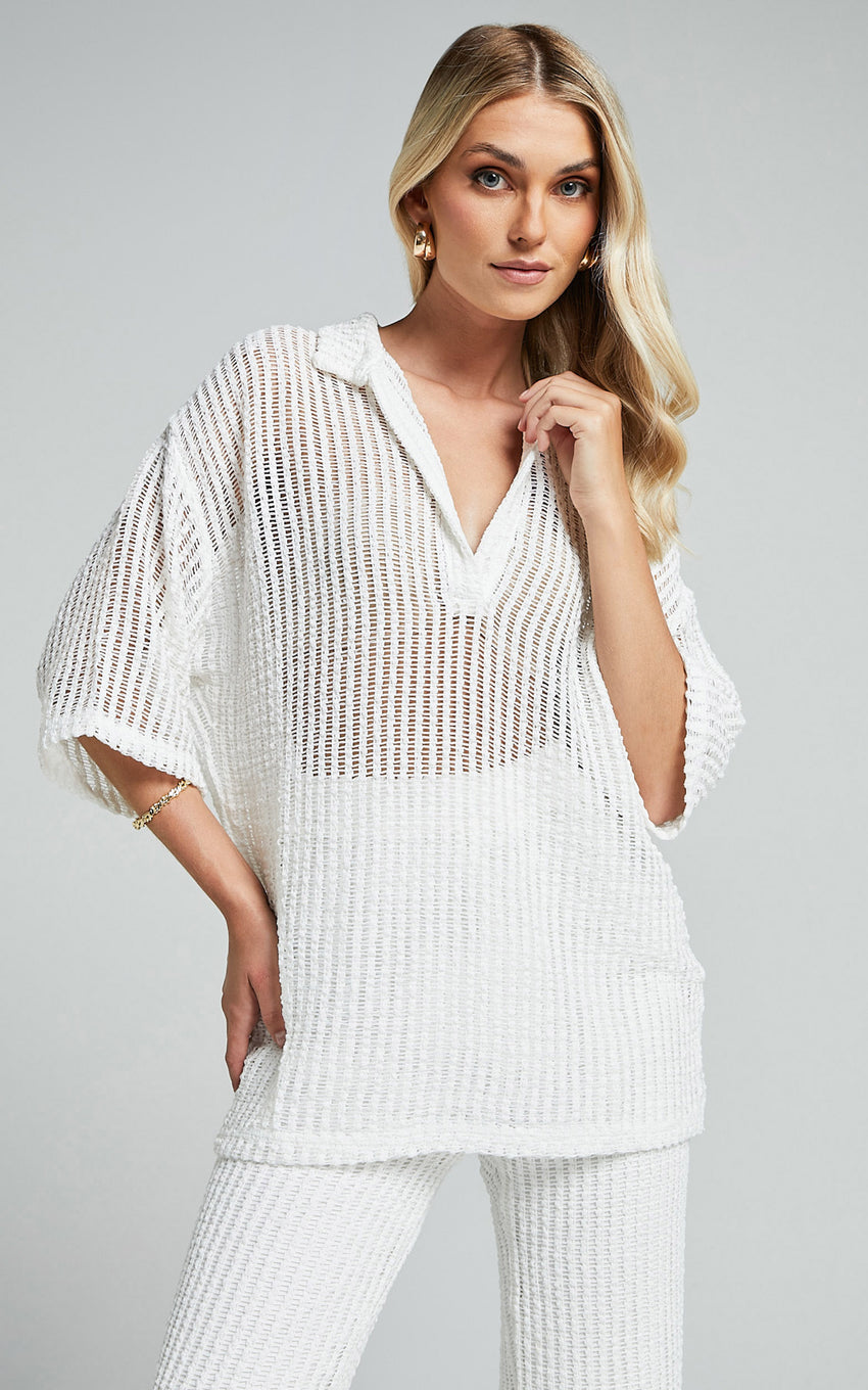 Cessily Top - V Neck Oversized Sheer Crochet Blouse in White