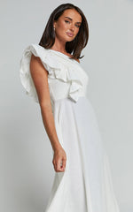 Dixie Midi Dress - Linen Look One Shoulder Ruffle Dress in White