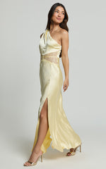 Estella Midi Dress - Asymmetrical Lace Detail Waist Slip Dress in Butter