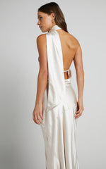 Evana Midi Dress - High Asymmetrical Neck Satin Slip Dress in Champagne