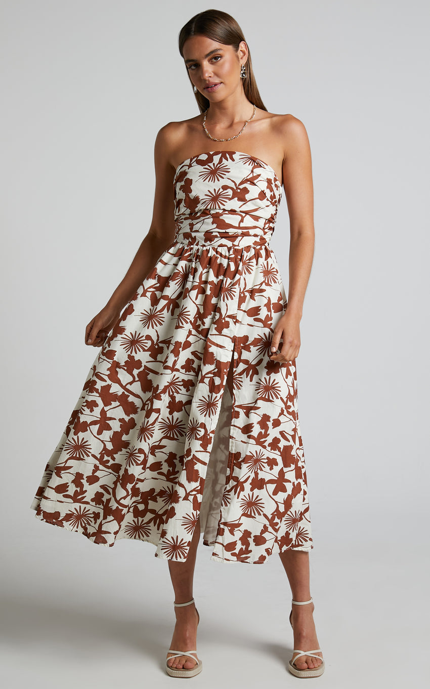 Evita Midi Dress - Ruched High Split Strapless Dress in Multi