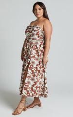 Evita Midi Dress - Ruched High Split Strapless Dress in Multi