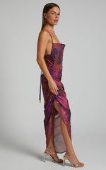 Hermae Midi Linen Blend Dress - Ruched Side Split Tie Back Slip Dress in Blurred Dreams