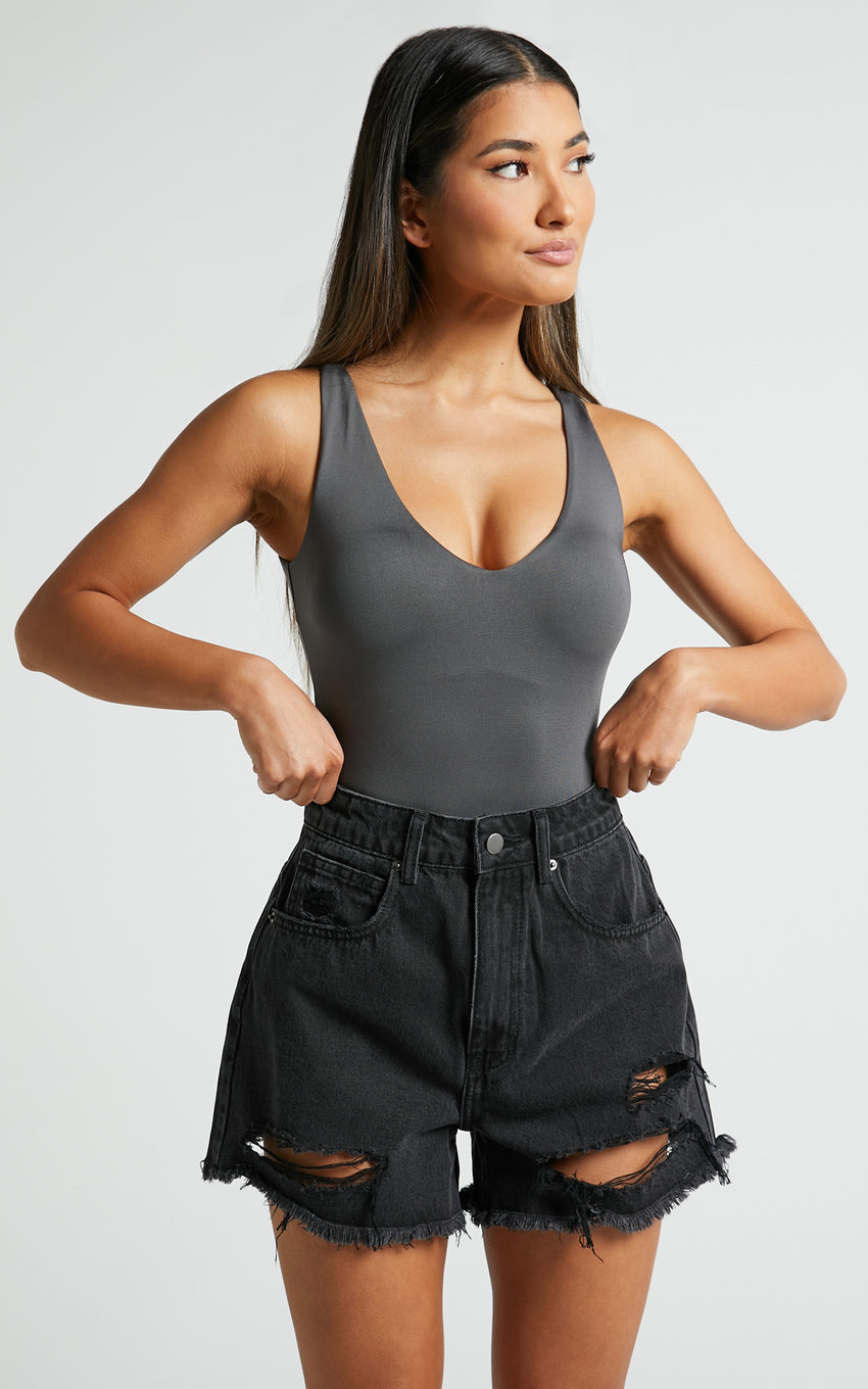 Kerrie Bodysuit - V Neck Bodysuit in Charcoal