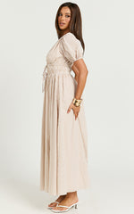 Matteo Midi Dress - Deep V Neck Puff Sleeve Dress in Light Gingham