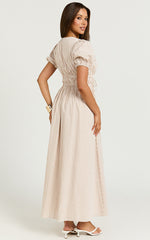 Matteo Midi Dress - Deep V Neck Puff Sleeve Dress in Light Gingham