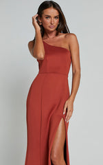 No Ones Fault Midi Dress - One Shoulder Thigh Split Dress in Rust
