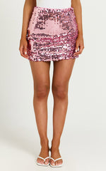 Ursula Mini Skirt - High Waist Disc Sequin Mini Skirt in Pink